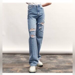 ZARA Jeans The 90’s Full Length Distressed High Rise Wide Leg Womens 6 Grunge